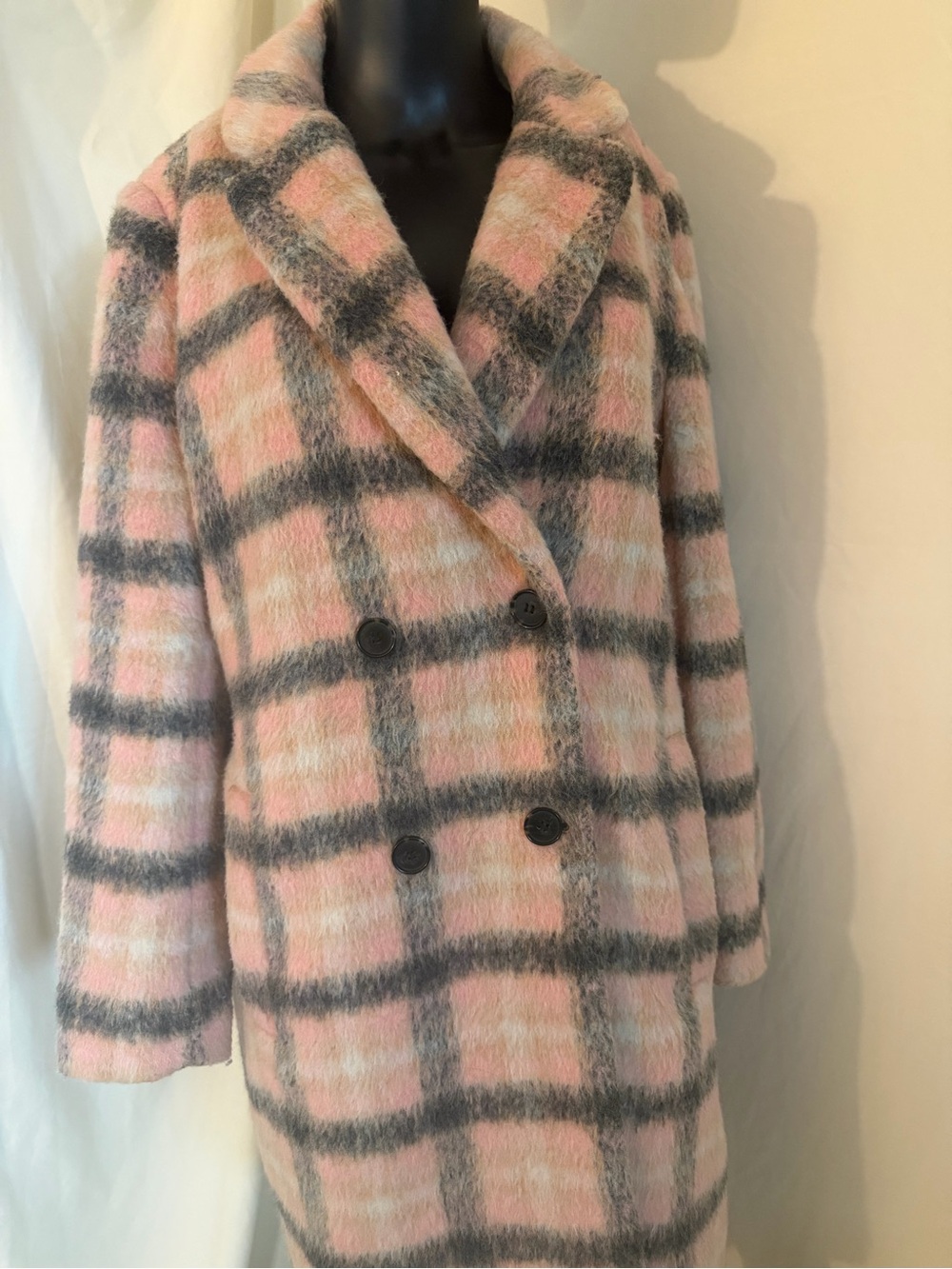 LOFT Pink and Gray Plaid Double-Breasted Pea Coat